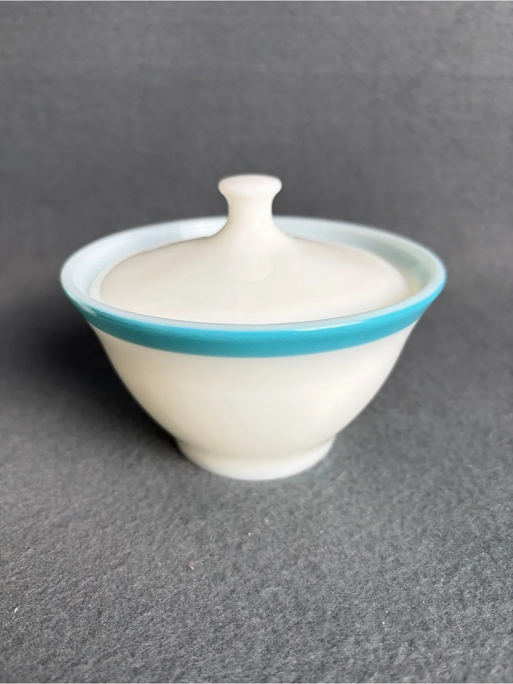 MCM Vintage 1950s Pyrex Turquoise Blue Rim Sugar Bowl W/ Lid and Creamer Set